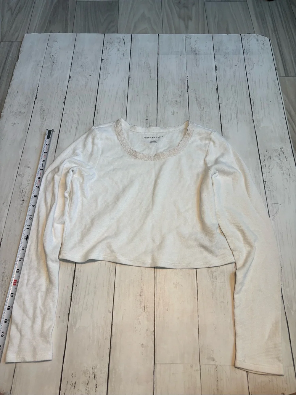 American Eagle Cream Ribbed Long Sleeve Cropped Top with Lace Trim